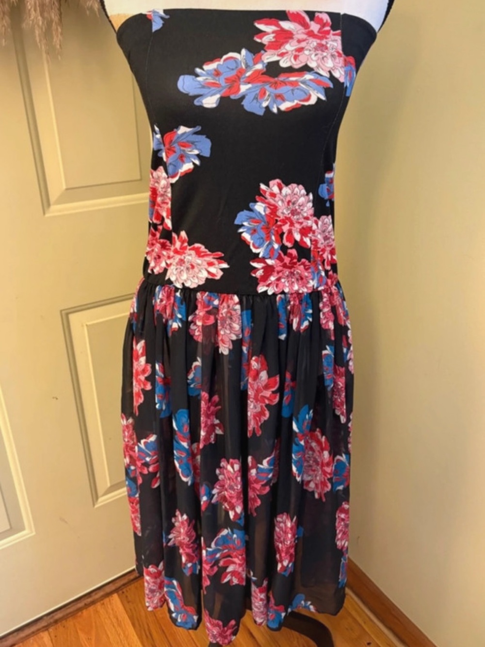 Free People Black Strapless Midi Dress with Pink & Blue Floral Print